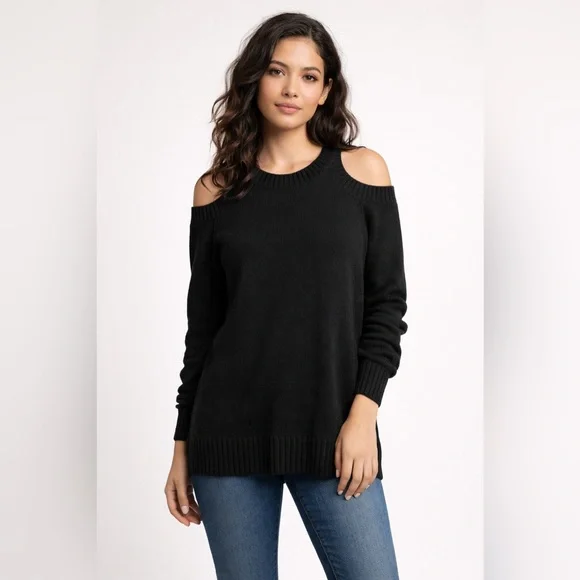Anthropologie Black Cold Shoulder Cable Knit Sweater – Size M - Picture 7 of 7